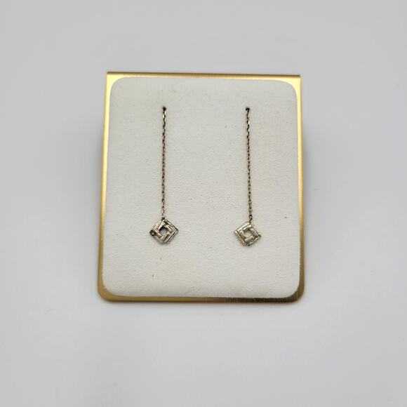 Womens Sterling Silver Pull Through Long Chain Cube Dangle Drop Earrings - Picture 1 of 12